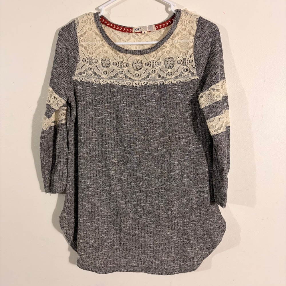 Jolt Crochet Lace Knit Top Womens Medium Grey 3/4 Sleeve J6533GOQ BOHO CASUAL